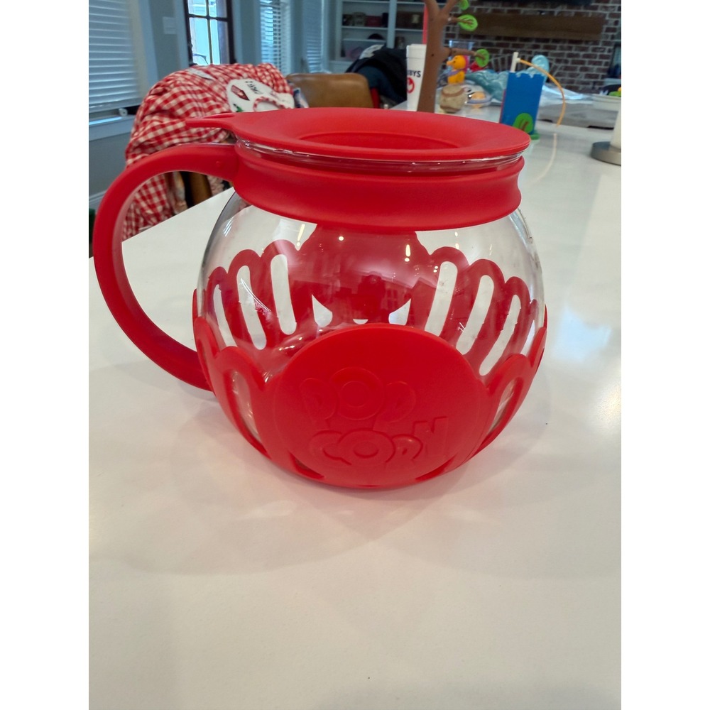Tasty Mini-Pop Glass Microwave Popcorn Popper Red Silicone Lid Butter Melter